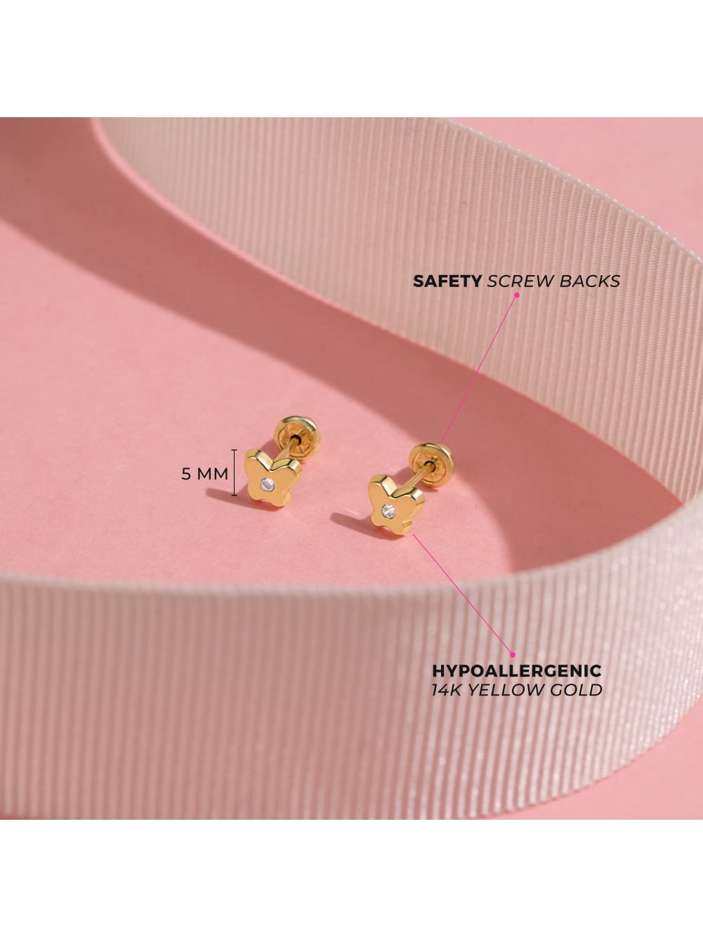 14k Yellow Gold 5mm Cubic Zirconia Butterfly Screw Back Stud Earrings for Girls