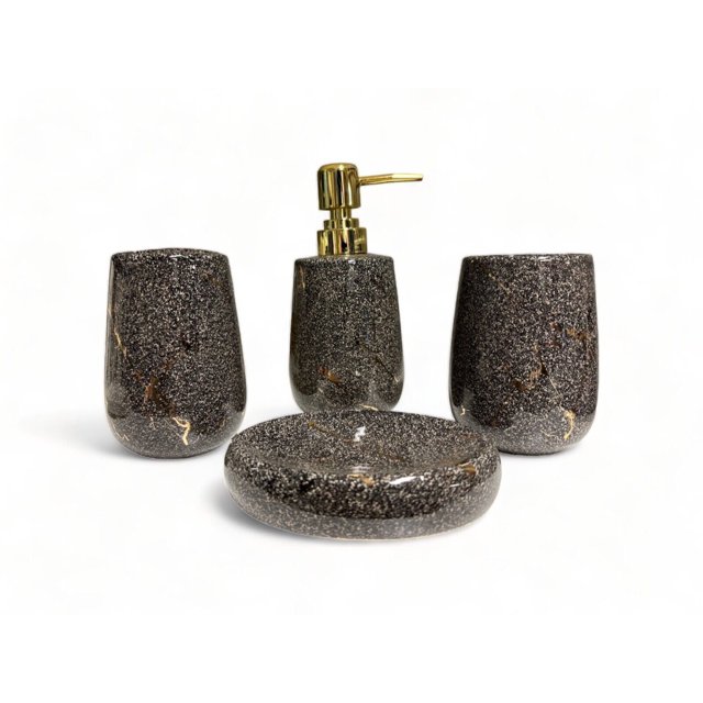 Juego de 4 accesorios de baño de cerámica: portacepillos, dispensador de jabón, vaso y jabonera.