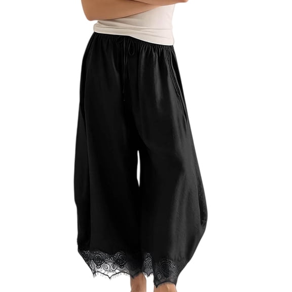 Women's High Waist Drawstring Lace Trim Wide Leg Cropped Casual Pants Black XS