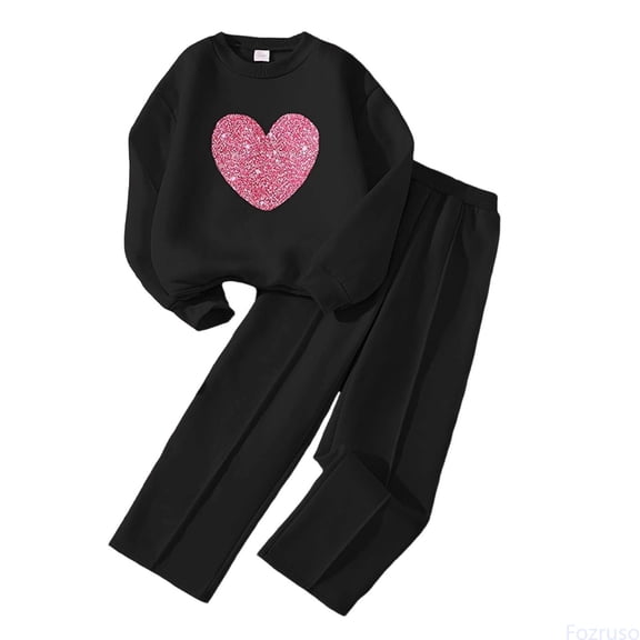 Fozruso Girls Sweater Design Large Size Heart Pattern Long Sleeve Top And Pants Double Layered Insulated Suitable For 7 12 Years Old Cute Clothing Sets,Black,7-8 Years