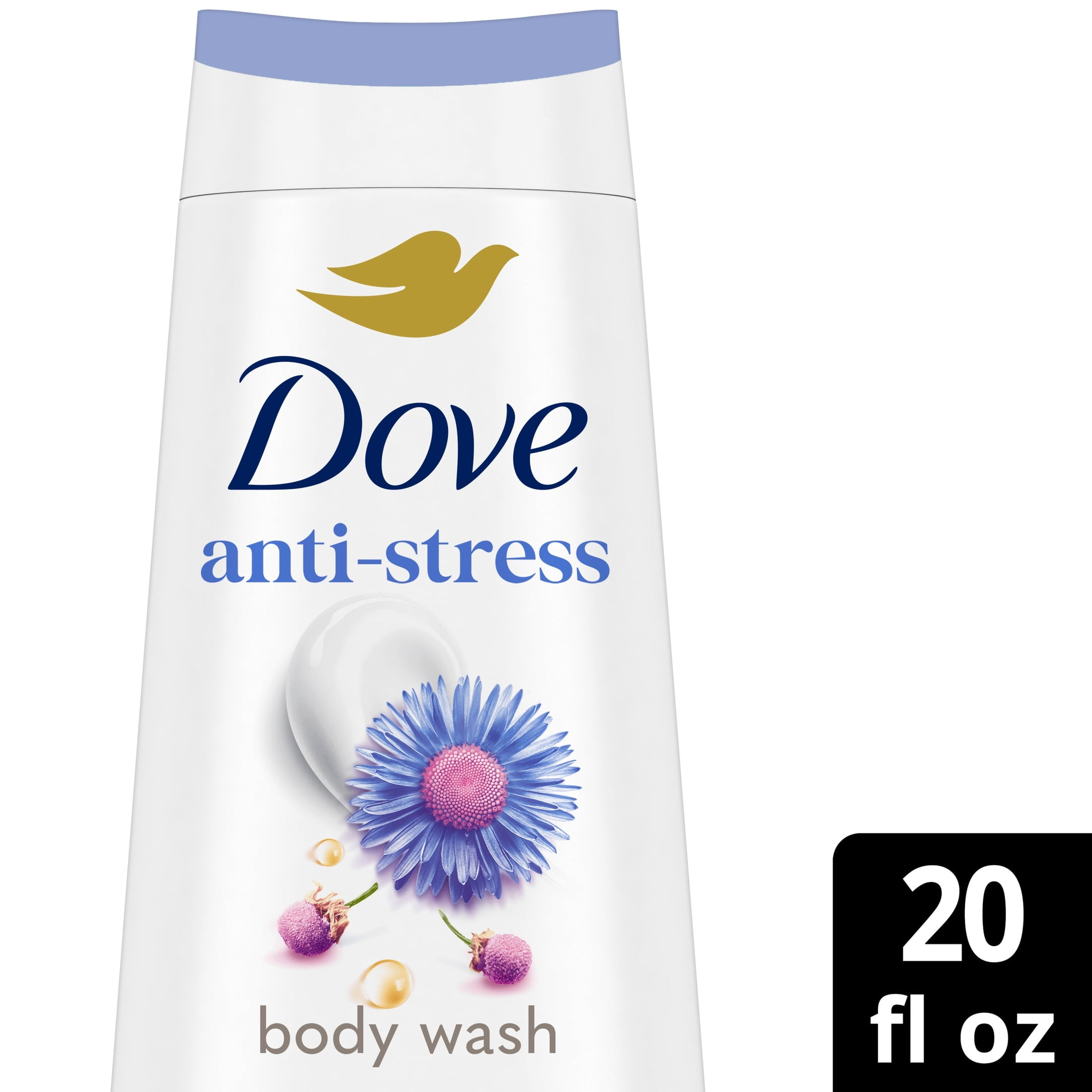 (4 pack) Dove Body Wash For 24hr Lotion-Soft Skin Anti-Stress Blue Chamomile & Oat Milk Moisturizing Skin Cleanser With No Sulfates No Parabens ,20 fl oz