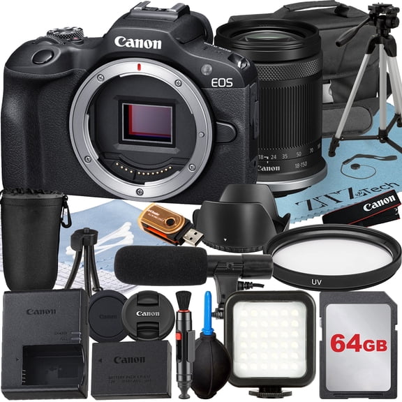 Canon EOS R100 Mirrorless Camera with RF-S 18-150mm Lens + 64GB Memory Card + Case + LED Flash + ZeeTech Accessory Bundle