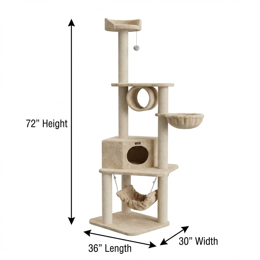 Cat Tree Tower, 72 Inch Tall Activity Center with Cozy Condo, Deep Hammock, Sisal Scratching Posts, Top Perch, Beige