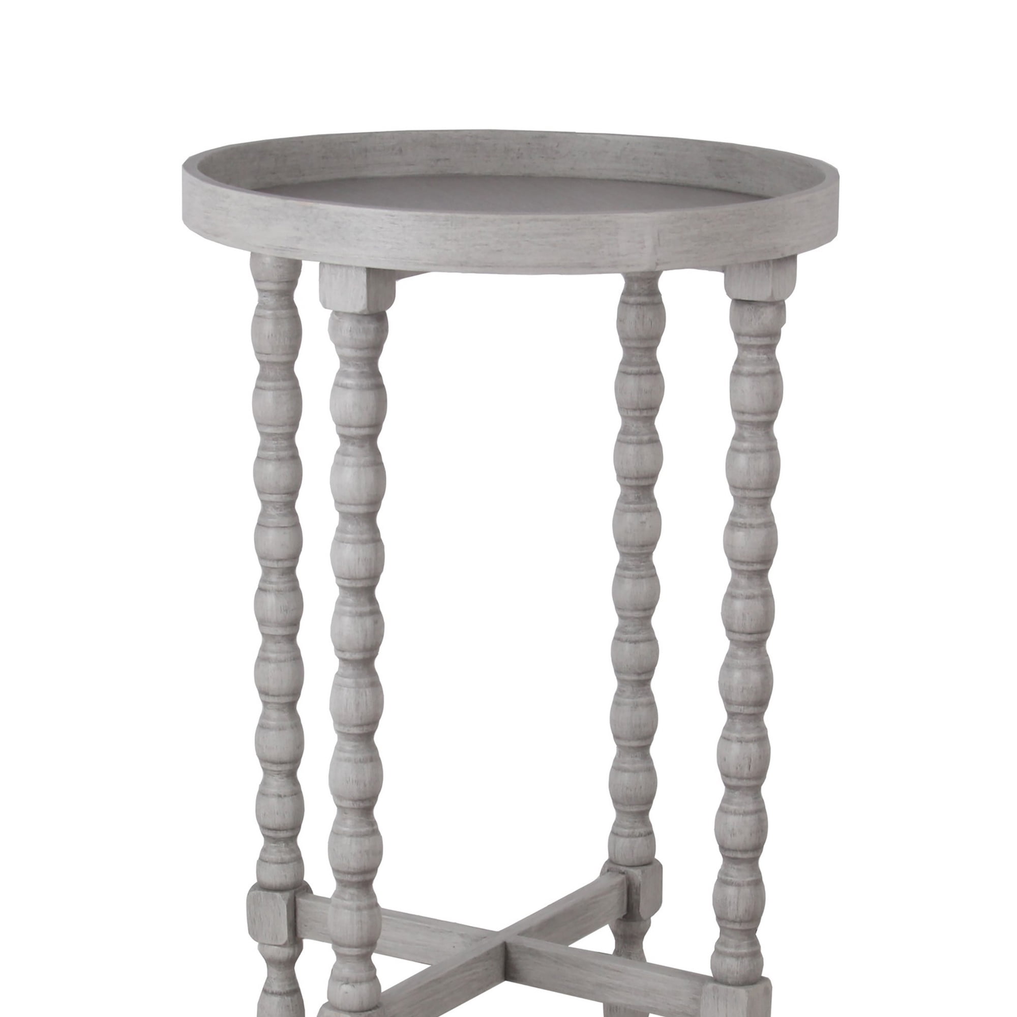 Wooden Round Accent Table With Tray Top And Beaded Turned Legs, Light