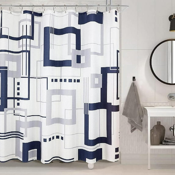 Modern Blue and White Shower Curtain for Bathroom Blue Shower Curtains Set Geometric Bathroom Curtains Set White Shower Curtains with Hooks Polyester for Hotels Bathtubs, 72x72 inch