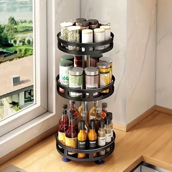 3-Tier Rotating Spice Rack , Multi-Compartment Countertop Organizer - Silver Christmas Kitchen Essential