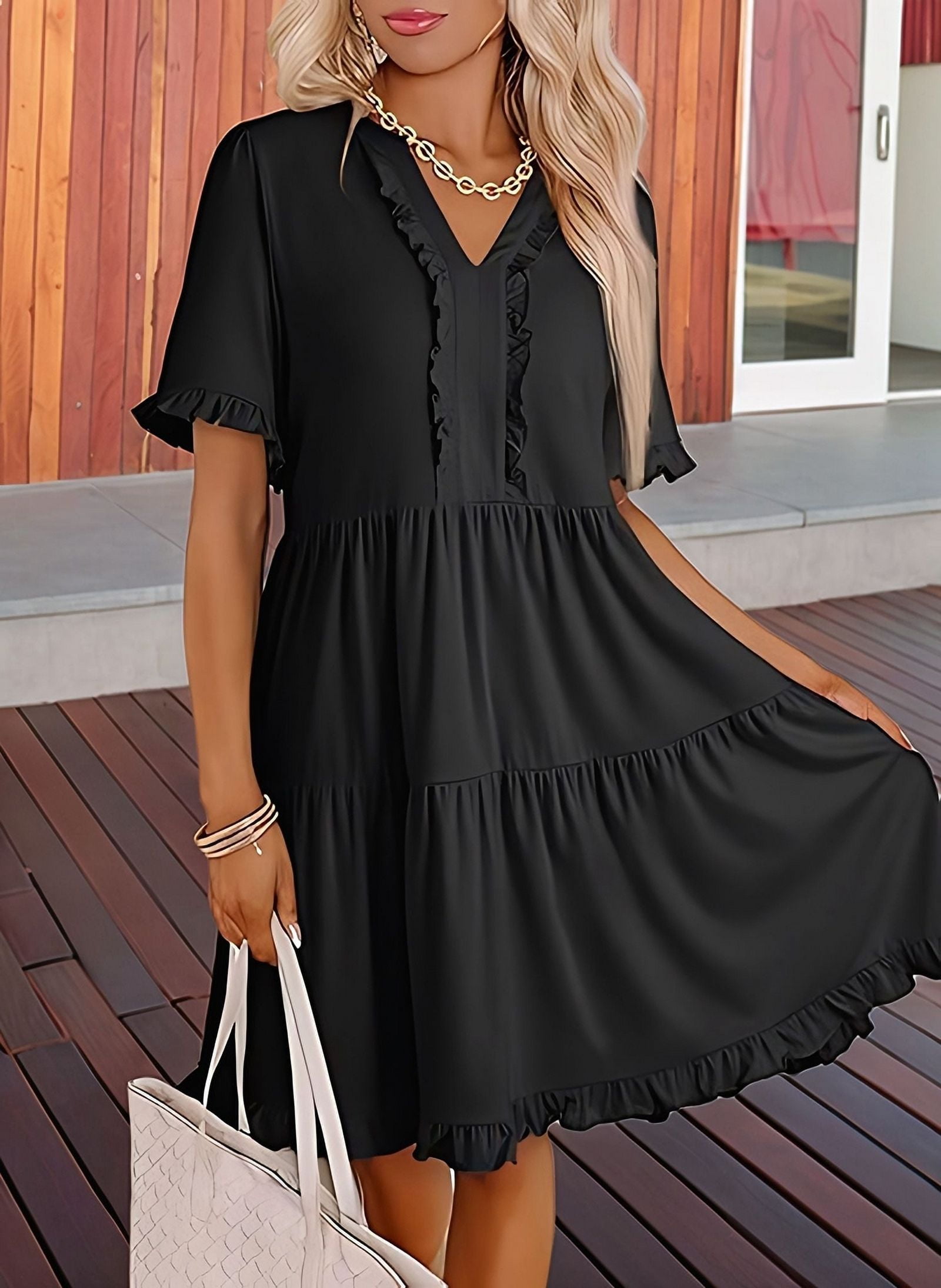 Womens Dresses 2025 Summer Spring V Neck Short Sleeve Casual A Line Flowy Swing Shift Dress Mini Dress Black XL