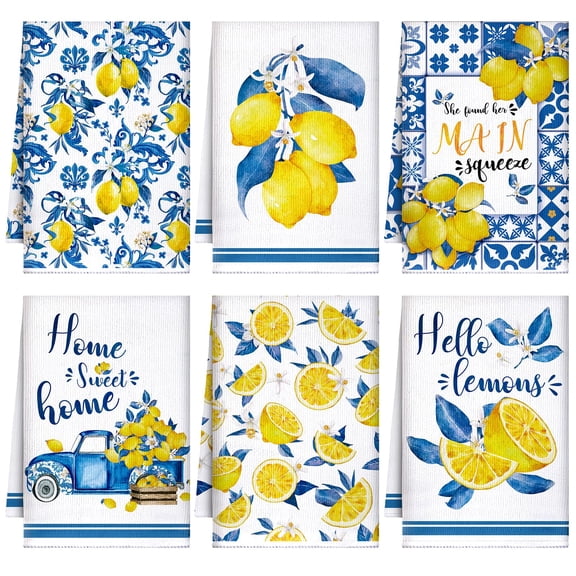 6 Pack Lemon Print Kitchen Towels, 24 x 16 Inch Farmhouse Dish Towels, Absorbent Tea Towels for Holiday Kitchen Bathroom Decor, Amalfi Coast Party Gifts, white