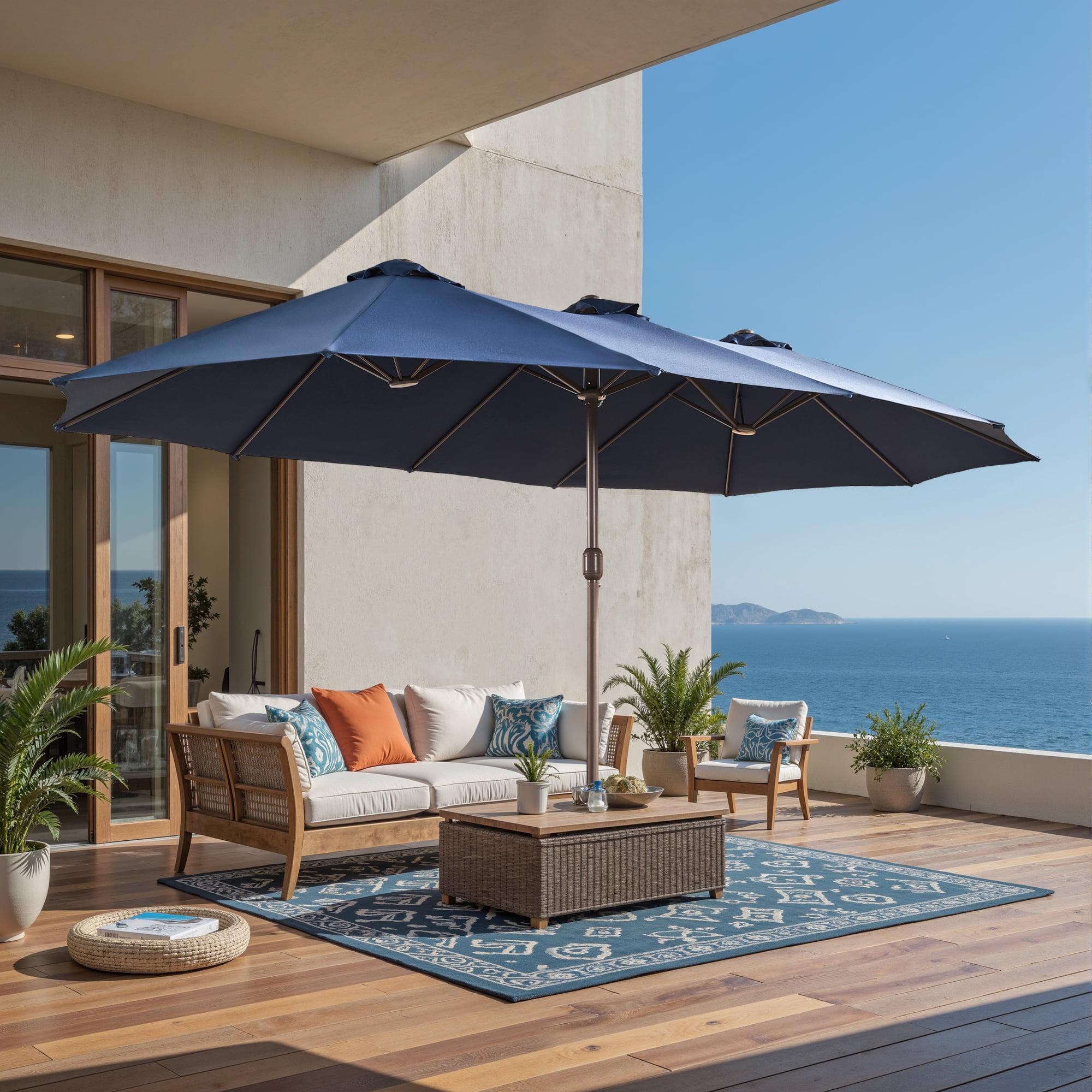 Ovios 15ft Patio Umbrellas Double-Sided Rectangle Outdoor Umbrella with Base & Stand Large Poolside Umbrella for Outside, Market, Backyard, Blue