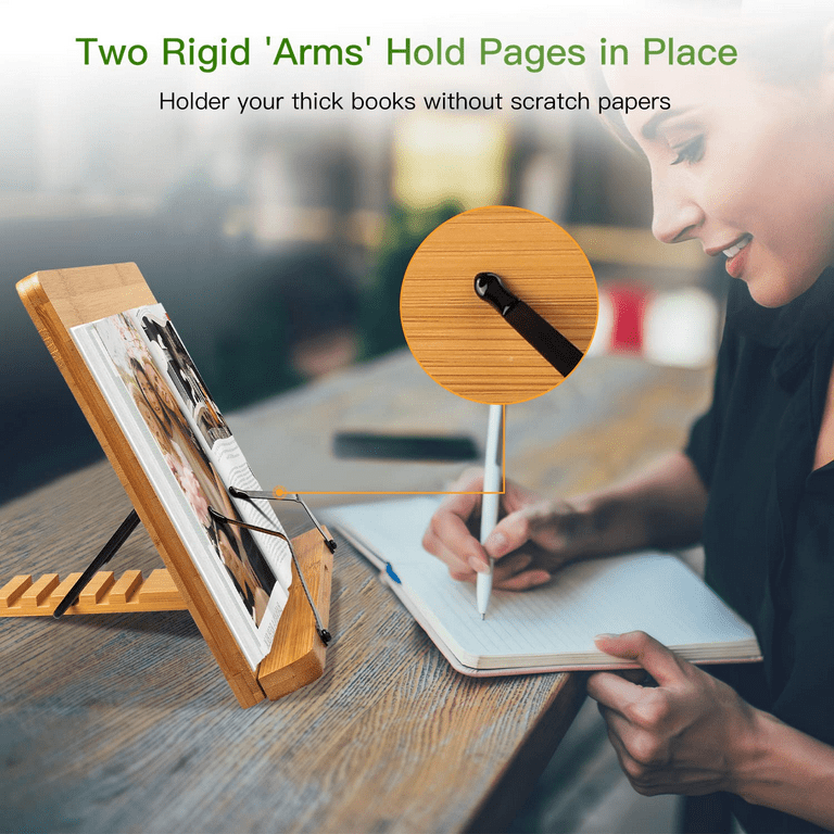 wishacc Book Stand Height Adjustable - Upright Bamboo Book Stand & Holder  for Reading Hands Free, Desktop Adjustable Reading Height and Angle Book  Rest with Page Clips