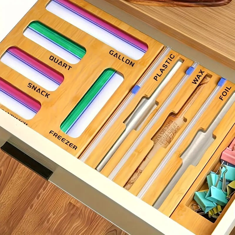 9 in 1 Storage Bag Organizer for Kitchen Drawer Combo, Bamboo Foil and Plastic Wrap with Cutter, Organizers Compatible Gallon, Quart, Sandwich Snack Size, Birthday Gifts, New Year Gift