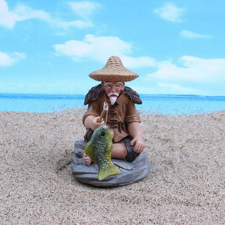 Fishing Old Man Resin Figure Statue Sitting Garden Ornament for Outdoor Pool Micro-landscape Bonsai Garden Crafts, Size: Small