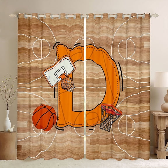Homewish Cartoon Monogrammed D Blackout Curtains Set of 2 (52x84 Each), Orange Brown Basketball Window Curtains, Teens Kids Boys Girls Curtains and Drapes, Curtains and Drapes Room Decor