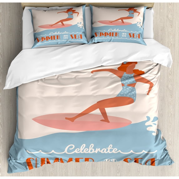 Beach Saying Duvet Cover Set Queen Size, Vintage Celebrate Summer and the Sea Text, Decorative 3 Piece Bedding Set with 2 Pillow Shams, Pale Blue Grey Burnt Sienna Burnt Orange Ivory, by Ambesonne