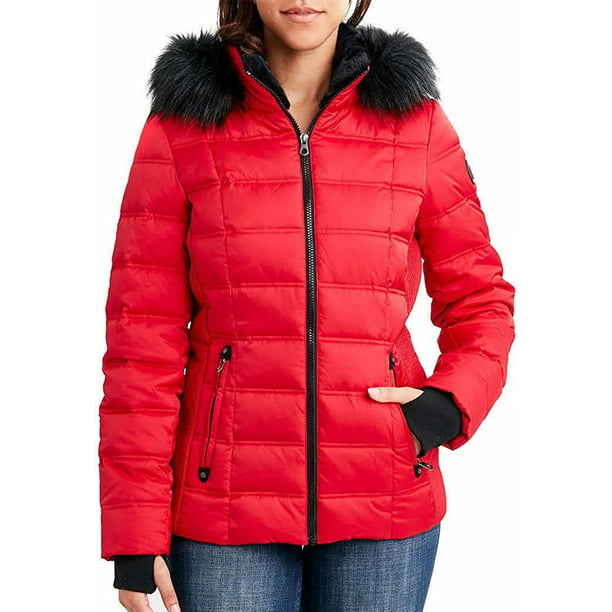 Nautica Womens Faux Fur Trim Hooded Midweight Puffer Jacket Small, Red ...