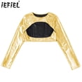 thumbnail image 2 of Camiseta tentadora de manga larga con cuello redondo para mujer, Top ceñido al cuerpo con frente abierto, ropa para discoteca, Top corto recortado metálico brillante, disfraz de discoteca Rave, 2 of 5