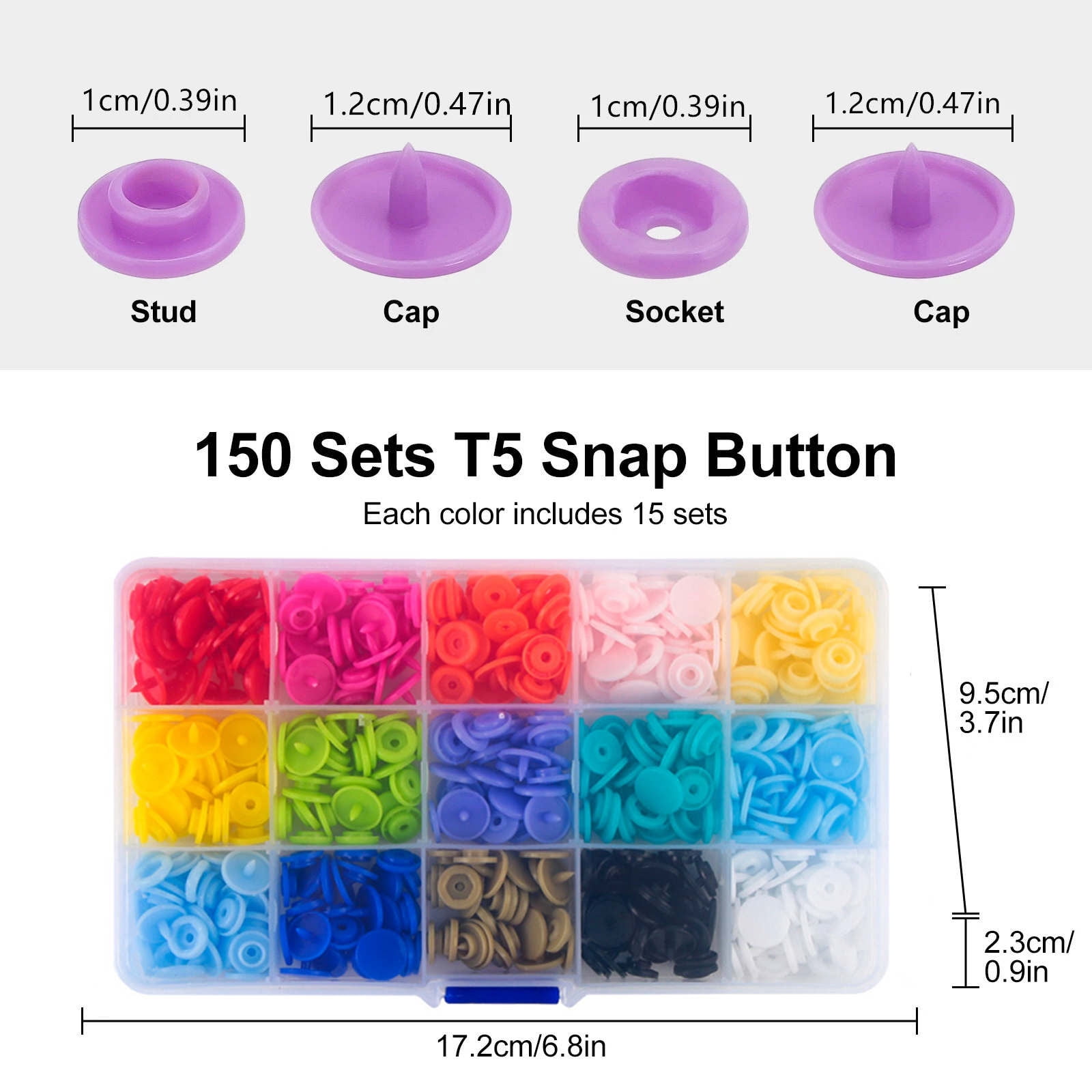 ARCADORA Snap Button Kit for Sewing Crafting 150 Sets T5 12mm Resin Snaps Pliers Included Easy to Use for Bibs Bags Folders Light Fabric