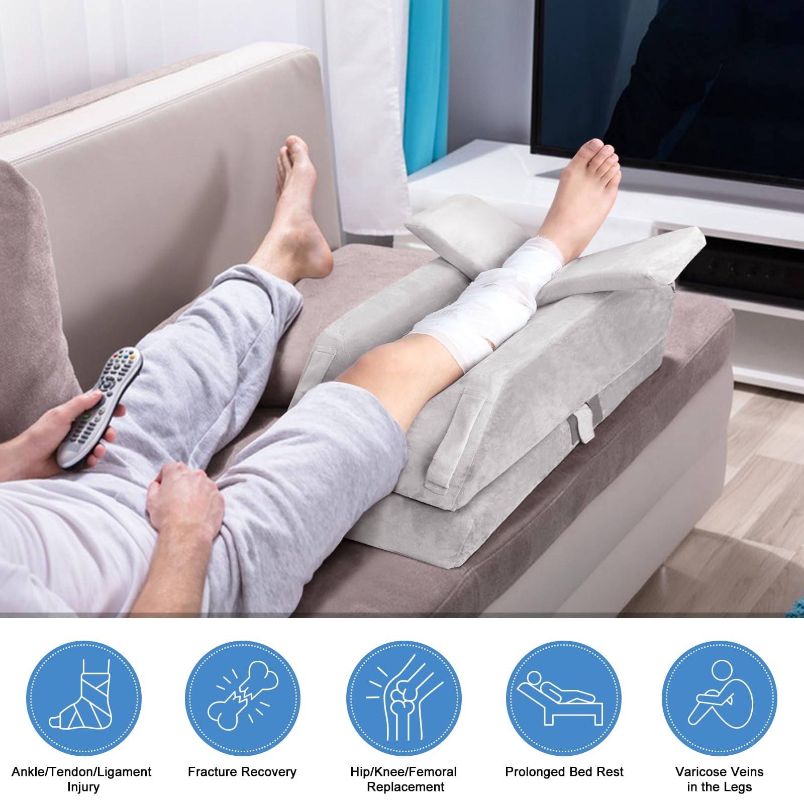 INFANZIA 4-Height Adjustable Leg Elevation Pillows for After Surgery, Injuries, or Rest, Ankle Knee and Leg Wedge Pillow for Sleeping with 3 Handles and Insert Pad, Washable Velvet Cover