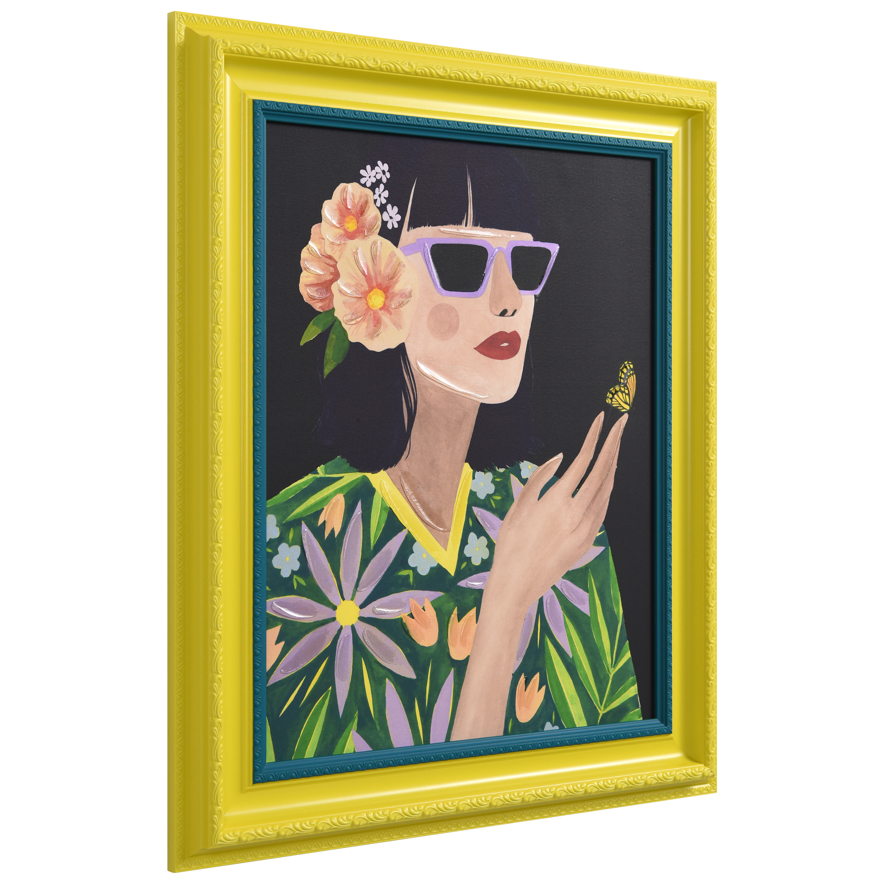 "Floral Female" Chromatic Hand Painted Embellished Giclee Portrait Canvas Wall Art with Baroque Two-Tone Frame