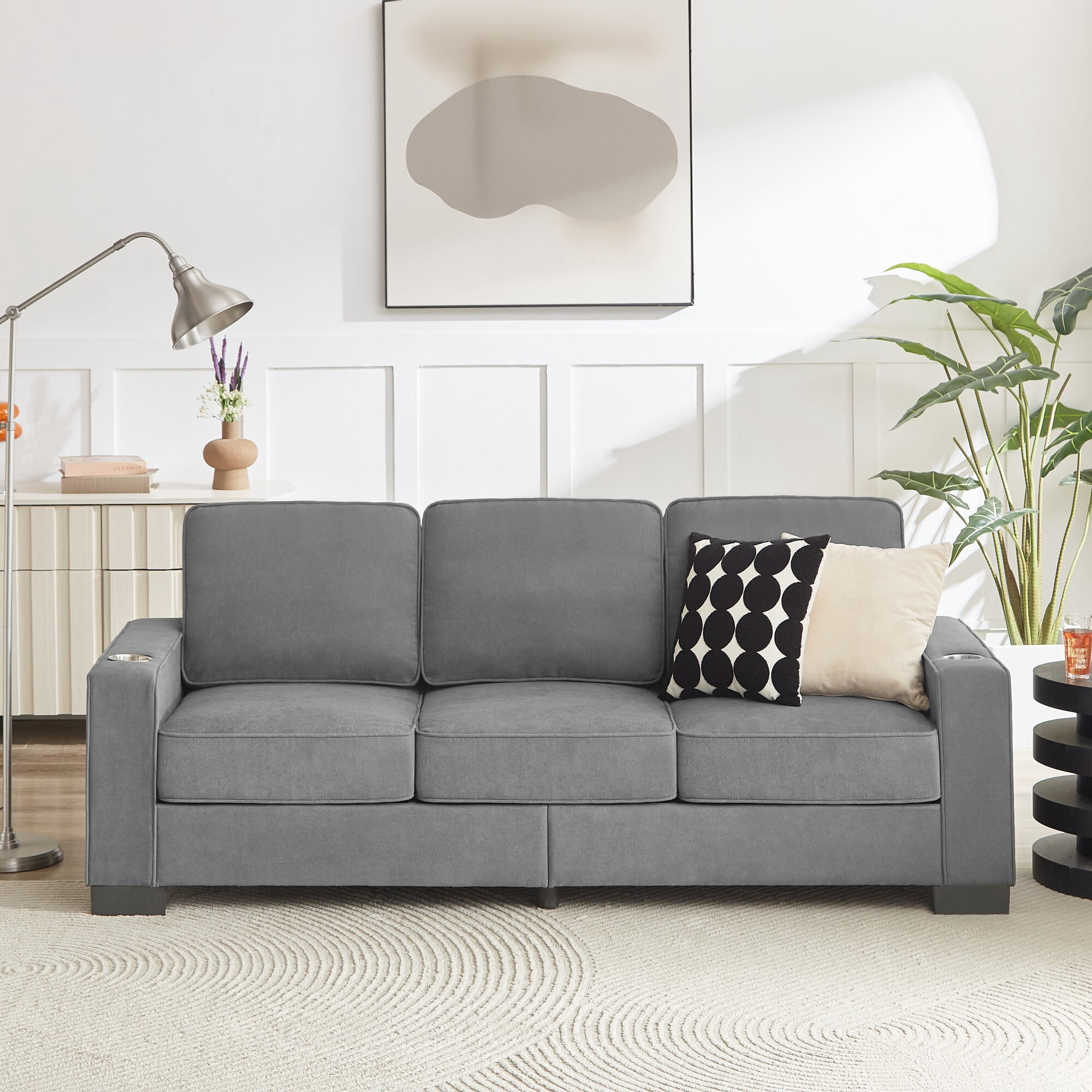 DEALTOPS 84" Modern Ice & Snow Velvet 3-Seater Sofa — Cozy Living Room Couch with Built-in Cup Holders, Gray