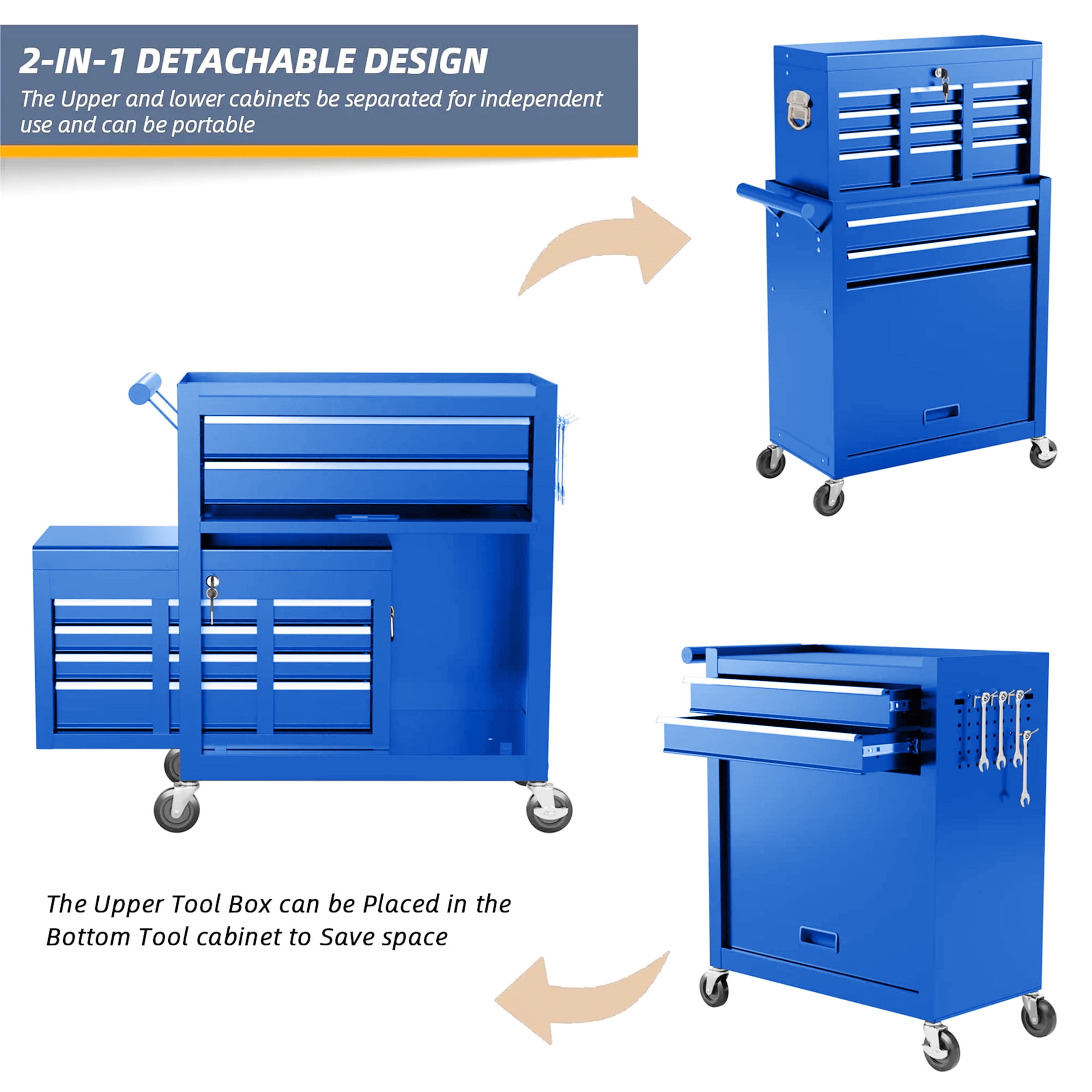 Aukfa Tool Chest, 2 in 1 Steel Rolling Tool Box & Cabinet on Wheels for Garage, 8-Drawers, Blue