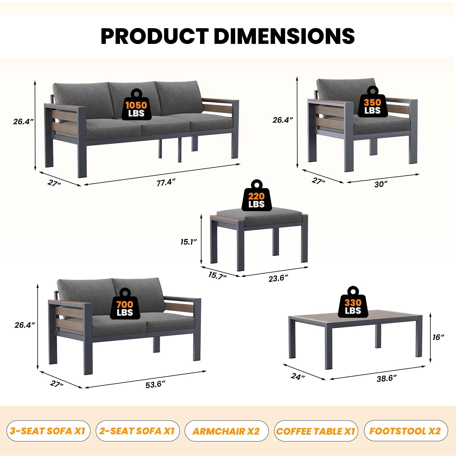 ABORON Patio Furniture Set, Patio Conversation Sets Sectional Sofa with 27" Deep Seating, 7-Seater Outdoor Patio Furniture Set w/ Coffee Table, All-Weather Thick Cushion and 2 Pack Footstool