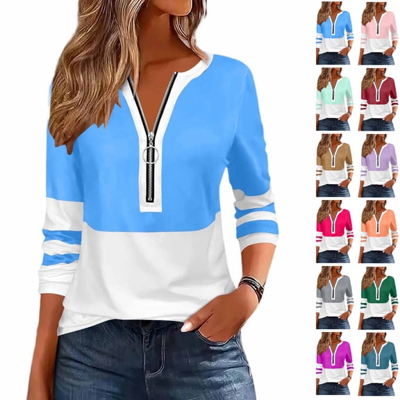 Tumotour Plus Size Pullover Tops for Women'S Color Block Half Zip Blouse V-Neck Long Sleeve Fall Tunic Shirt