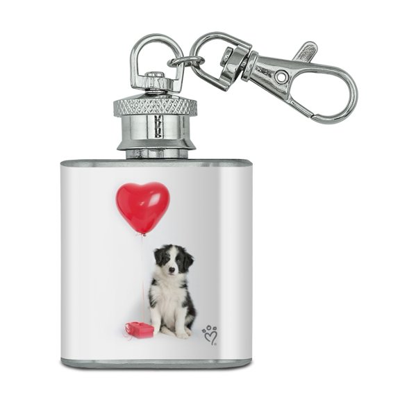 Border Collie Dog Heart Valentines Love Stainless Steel 1oz Mini Flask Key Chain