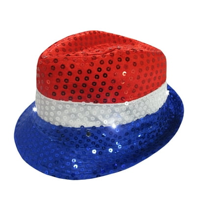 Sequin Patriotic Fedora Sparkly Light Up Red White Blue 4th July Party Hat Cap