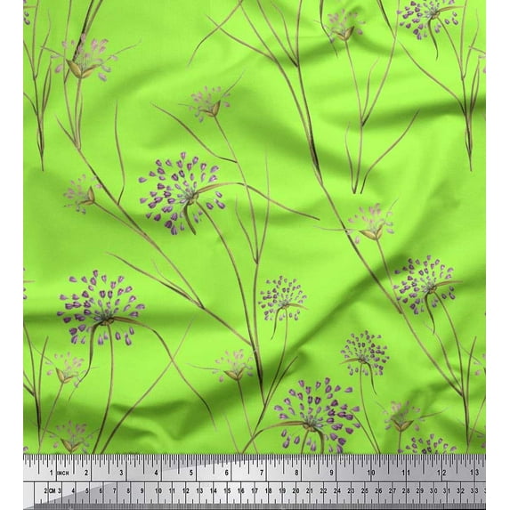 Soimoi Green Poly Georgette Fabric Grass & Wildflower Floral Print Sewing Fabric Yard 42 Inch Wide