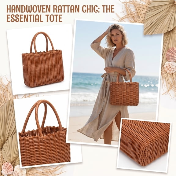 Handwoven Rattan Tote Bag, Natural Straw Beach Bag for Women, Vintage Boho Woven Shoulder Purse, Eco-Friendly Summer Handbag for Vacation, Shopping & Daily Use