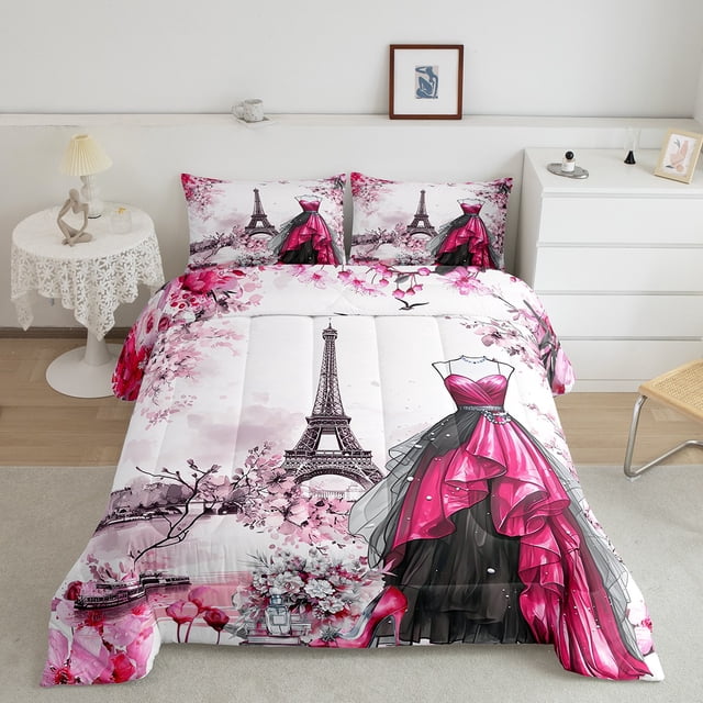 Erosebridal Ensemble de Couette Très Grand Robe de Princesse, Couette Vintage Tour Eiffel, Décor Floral, Réversible 3 Pcs