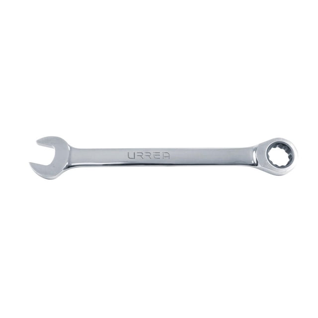 llave combinada con matraca urrea 12 puntas 32 mm 1232mcm, vista frontal centrada de llave combinada métrica 32 mm con boca abierta y cabeza de 12 puntas con sistema de matraca de 72 dientes y ángulo de recuperación 5°; cuerpo recto de acero cromo vanadio con acabado pulido espejo y logo Urrea grabado, longitud 16 11/16" (44 cm) sobre fondo blanco. También es adecuada para trabajos manuales y como herramienta de taller portátil.