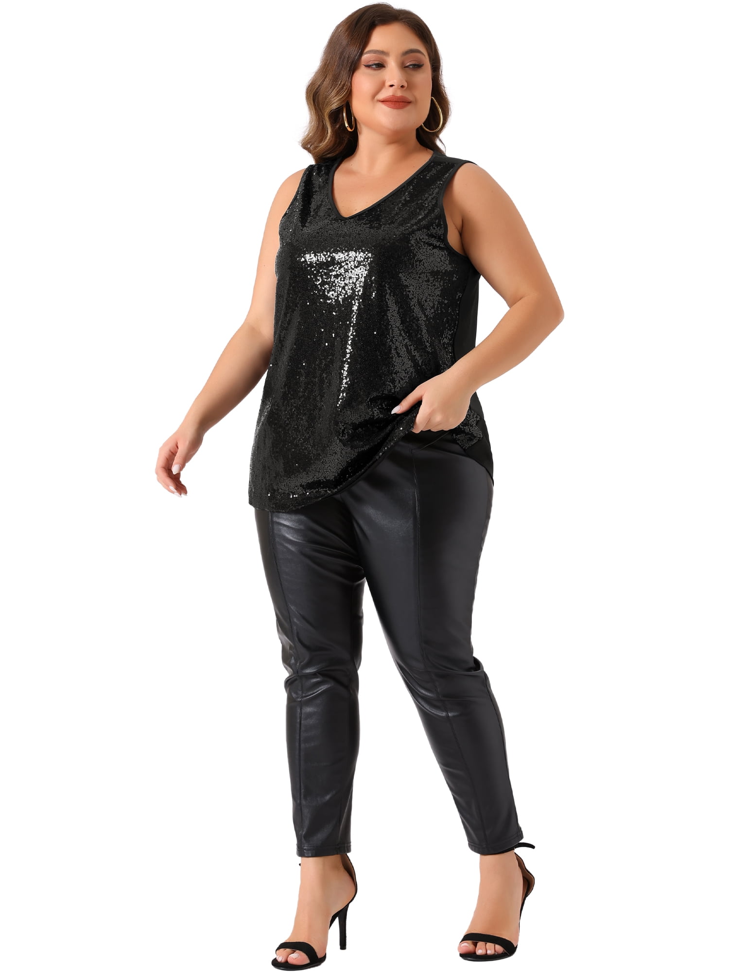 DARING DIVA Women's Plus Sleeveless Sparkle Sequin V Neck Tank Top 4X Black