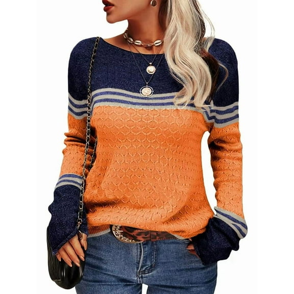 Women Fall Fashion Sweaters Colorblock Striped Crewneck Winter Trendy Pullover Tops Orange XXL
