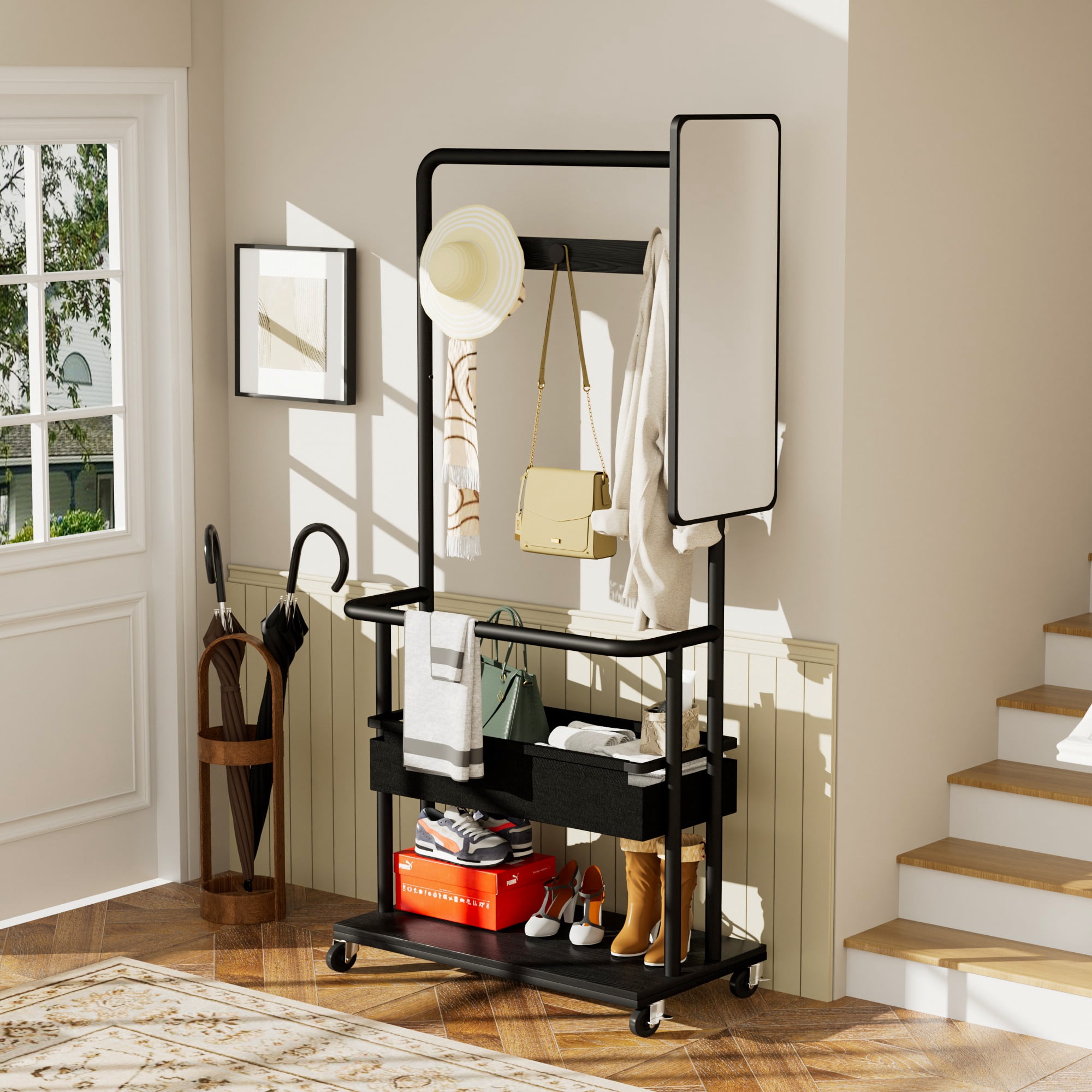 Leumius 3-in-1 Metal Coat Rack with Basket, Mirror, Hanging Coat Rack, Mobile Coat Rack with Casters for Bedrooms, Entrances and Living Rooms Large Storage Capacity Black