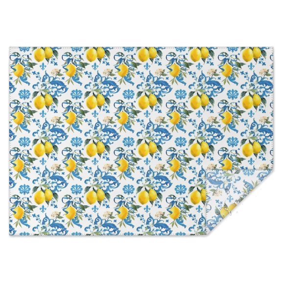 Yellow Lemon Fruit Patterns Blue White Pattern Rectangle Tablecloth 60"x84",Waterproof Polyester Rectangle Table Cloth, Wipeable Spillproof Polyester Tablecloth for Dining, Camping, Indoor and Outdoor