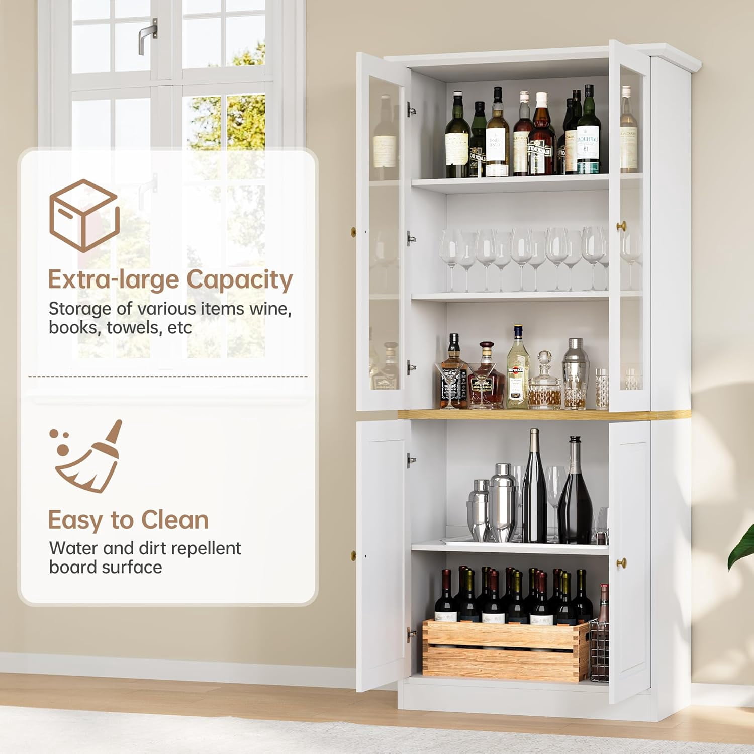 SELOOYE Kitchen Pantry Cabinet, 71" Modern Glass Display Cabinet with Wood Doors, Tall Storage Cabinet with Adjustable Shelves, Freestanding Cupboard for Living Room, Dining Room, Kitchen, White