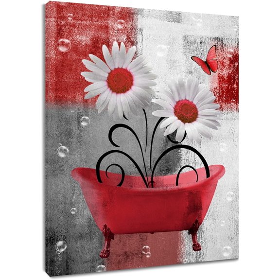 Farmhouse Red Floral Wall Art for Living Room Daisy Flower in Bathtub and Butterfly Pictures Wall Decor Grey and White Abstract Geometric Canvas Wall Art for Bathroom Home Decor,16L X 12W inches