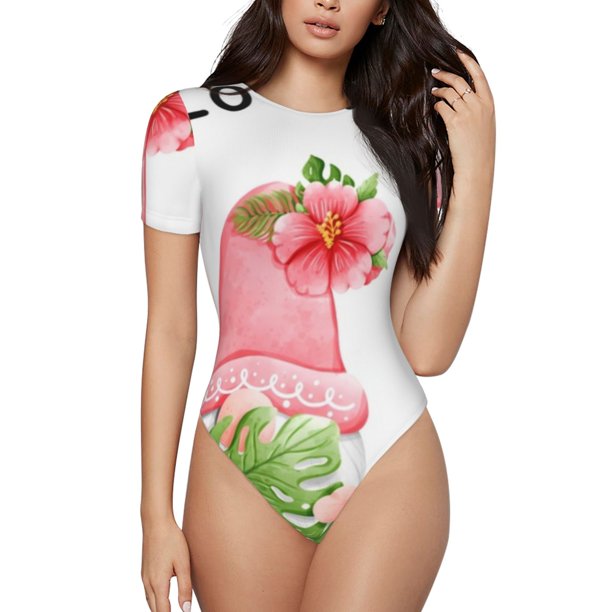 Balery Hello Summer Gnome Body de cuello redondo de manga corta para mujer Tops de manga corta Tops básicos-Medium