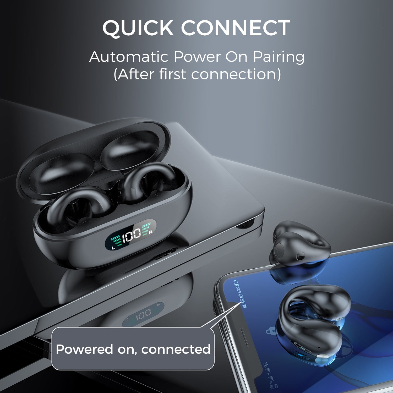 Alpha Digital Wireless Bluetooth Bone Conduction Ear Clip Earbuds, Black