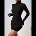 thumbnail image 4 of Vestido Tipo Suéter de Punto Acanalado para Mujer, de Larga, Fruncido, Ajustado, con Cuello Alto y Cintura Alta Negro M, 4 of 9