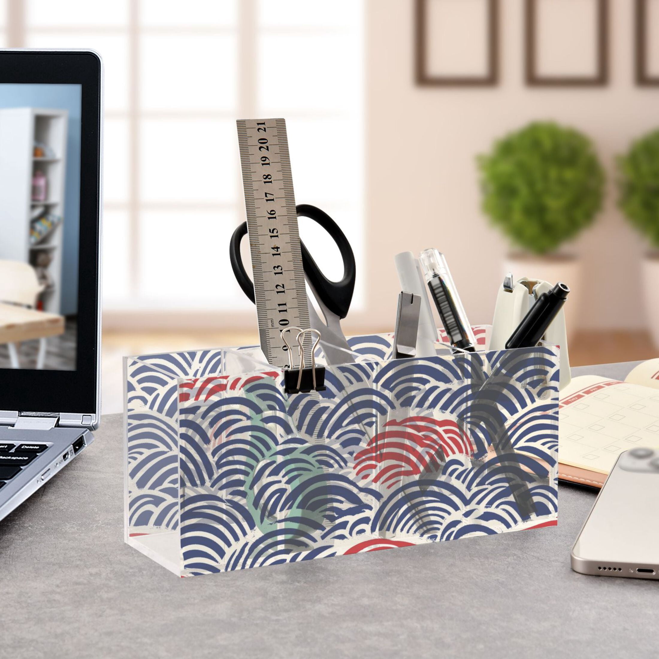 Pen Holder 4 Compartments Acrylic Pencil Cup Desktop Makeup Organizer Office Supplies Red Blue Japanese Wave