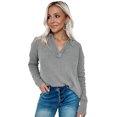 thumbnail image 4 of Women's Gray V Neck Collared Retro Waffle Long Sleeve Top, 4 of 4