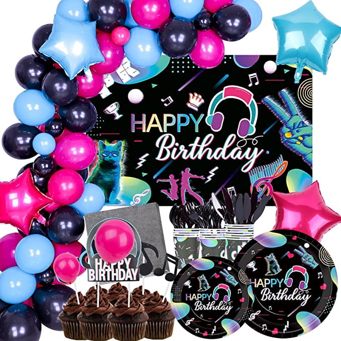 253 PCS Music Theme Party Supplies Tableware Set- Music Vedio Party Paper Plates Napkins Cups Cutlery Happy Birthday Backdrop Cupcake Topper Balloon Garland for Girls Women Men Boys Decor-Serves 16