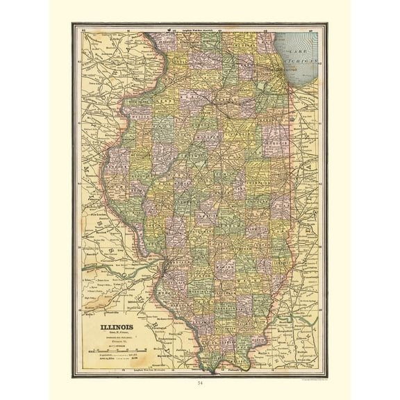 Historic State Map - Illinois - Cram 1888 - 23 x 30.57 - Vintage Wall Art