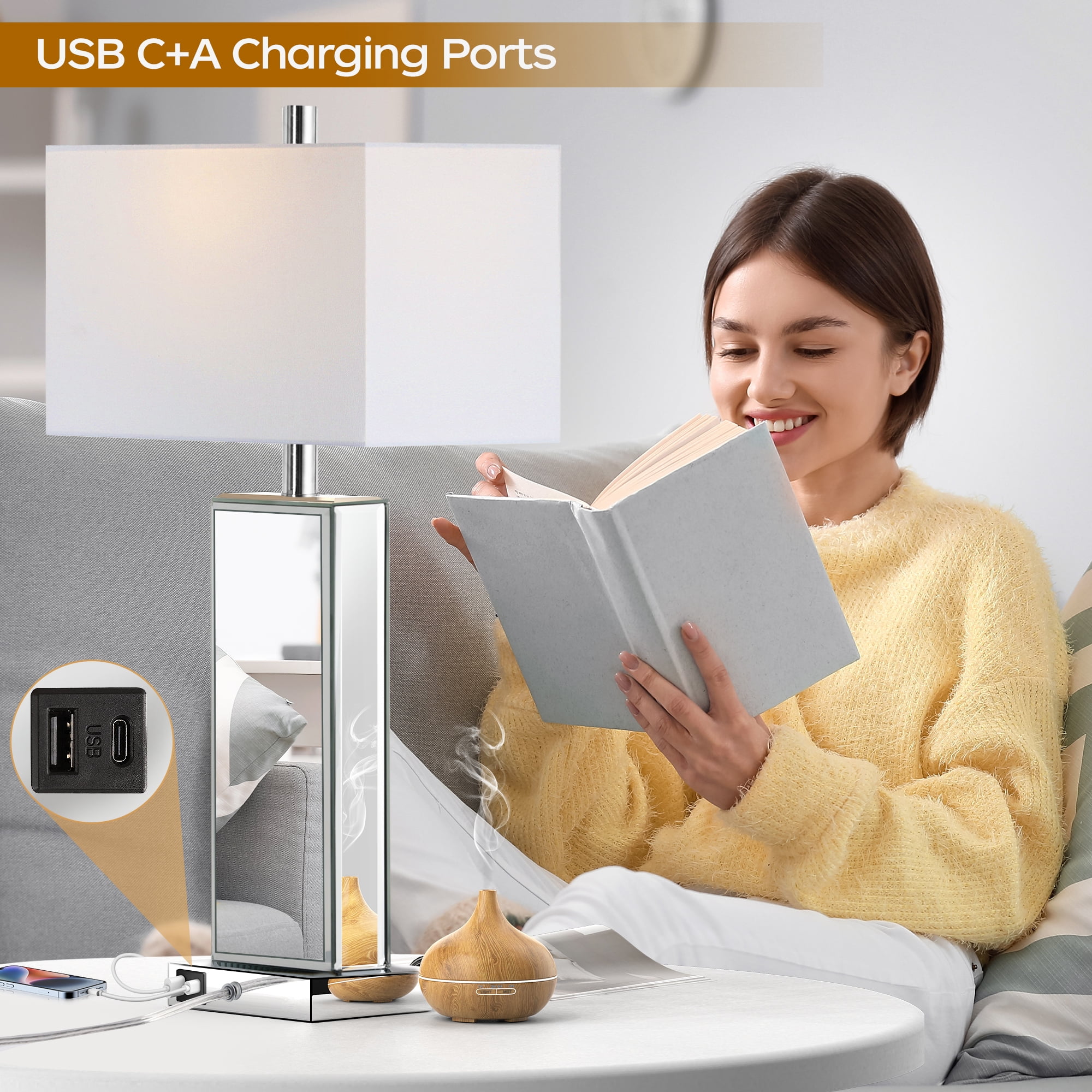 Modern Mirror Table Lamp Set of 2 - Touch Control 3-Way Dimmable Bedside Lamps with USB-C/A Ports for Living Room