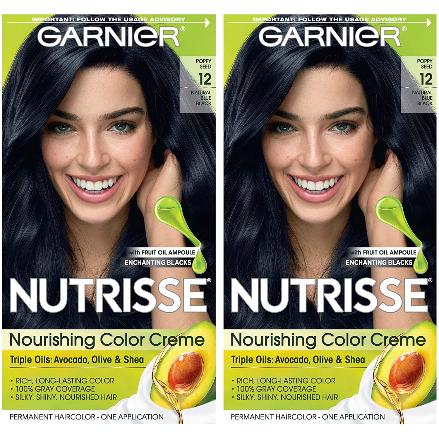 Garnier Hair Color Nutrisse Nourishing Creme, 12 Natural Blue Black (Poppy  Seed) Permanent Hair Dye, 2 Count (Packaging May Vary) 