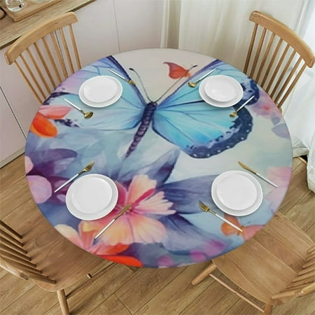 

Round Fitted Tablecloth with Elastic Edge Flower Blue Butterfly Table Cover Waterproof Wipeable Table Cloths for Round Tables Ideal for Picnic Patio