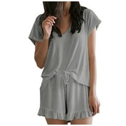 Womens 2 Pieces Pajamas Sets Solid Short Sleeve V-Neck Tops Ruffle Loose Shorts with Pockets PJs Sets Loungewear